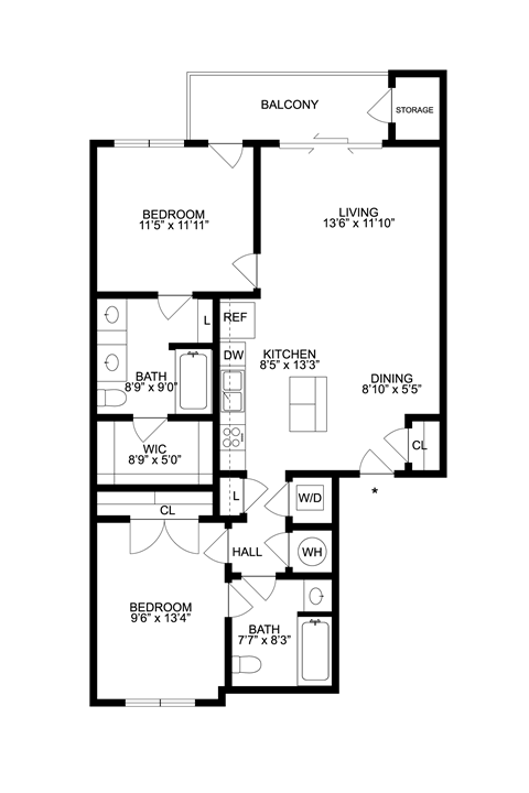 Floor plan for 2 beds, 2 baths, 958 sqft